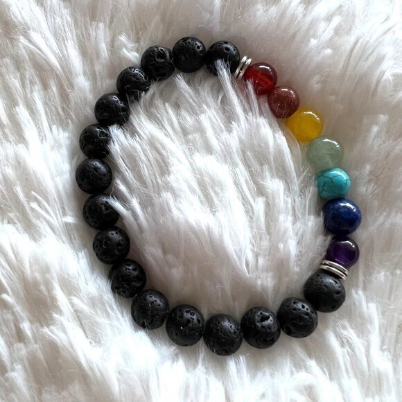 7 Shakra / porous lava rocks yoga Bead Bracelet 6 3/4 in -17.2 cm - Picture 3 of 7